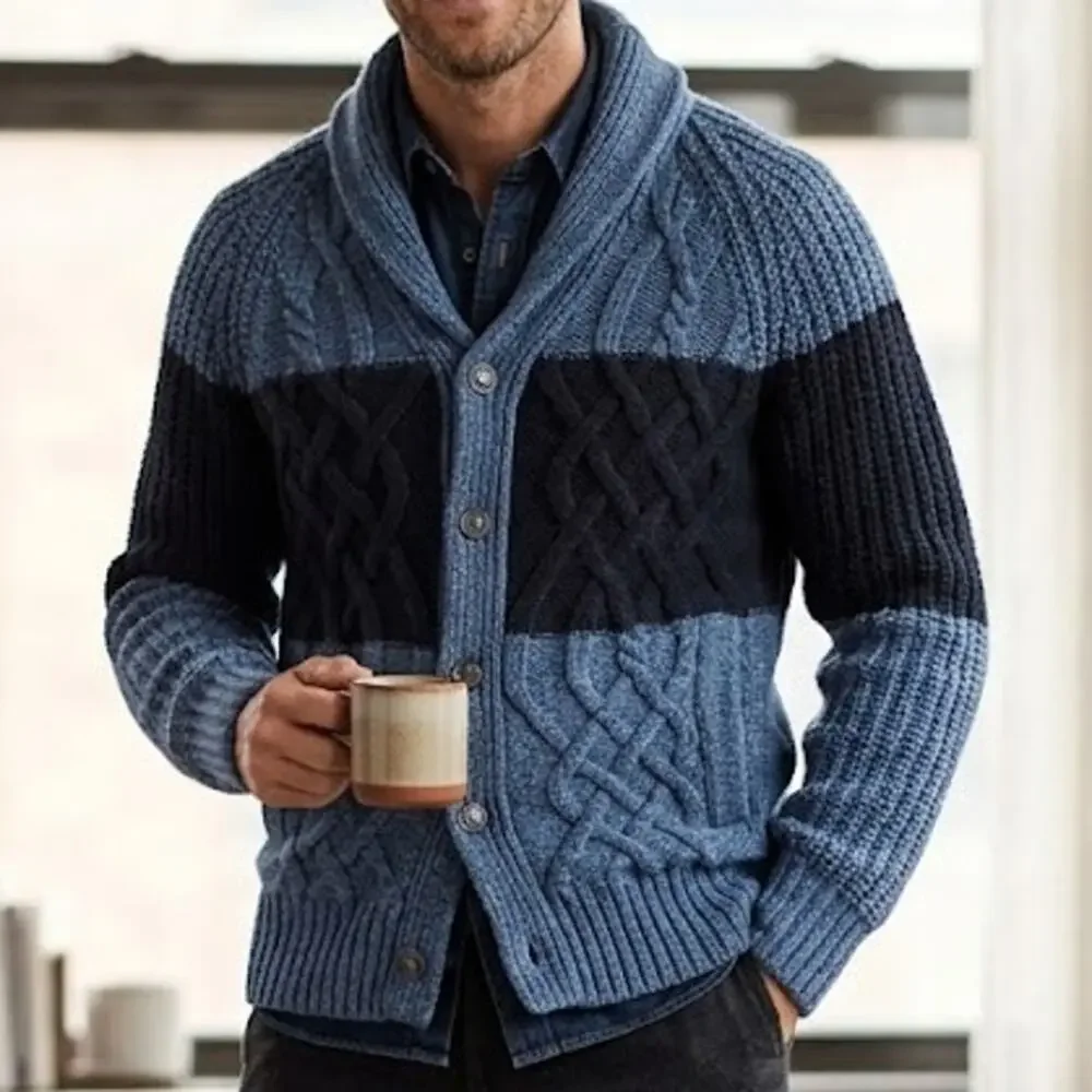 Banana Republic Cardigan Sweater Men's M Navy Blue Fisherman Cable Shawl Collar